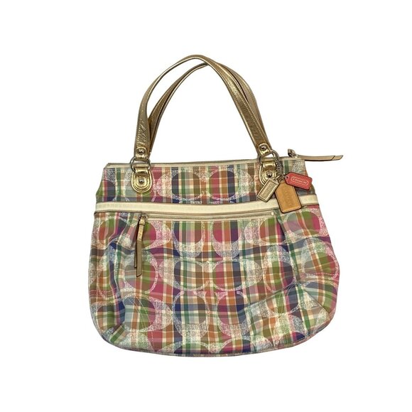 COACH Tote Shoulder Bag Poppy Multi Madras Signature Pastel Plaid Sequins - Picture 9 of 14